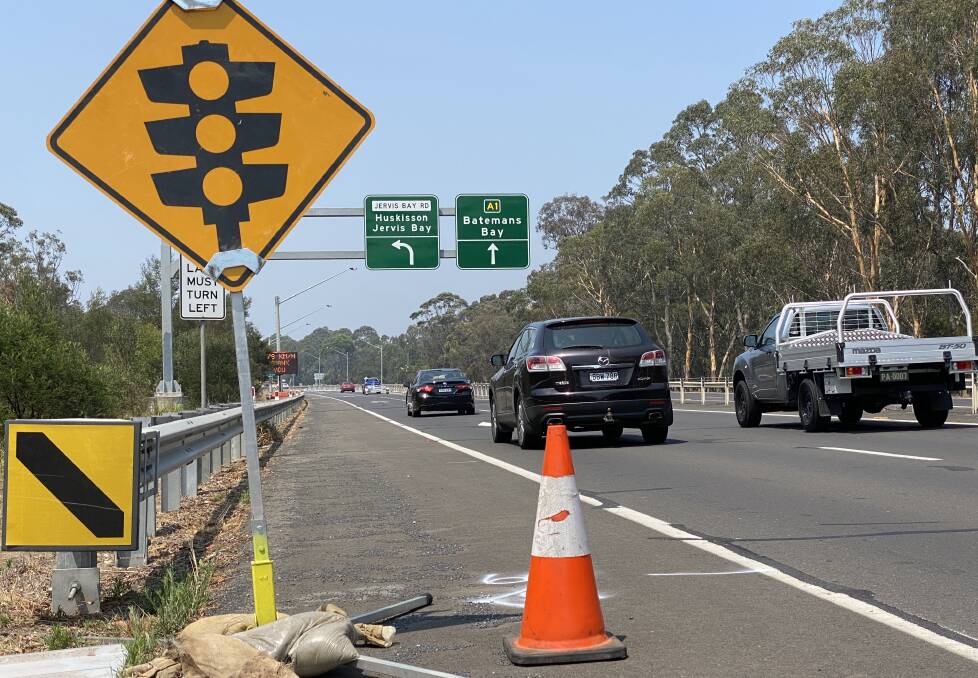 Traffic lights set up at the Princes Highway and Jervis Bay Road intersection. 
