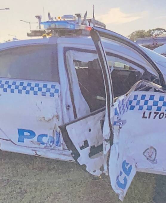 The police car Jesse Craig allegedly rammed in an attempt to evade capture at Albion Park Rail on Tuesday morning. Picture: Supplied
