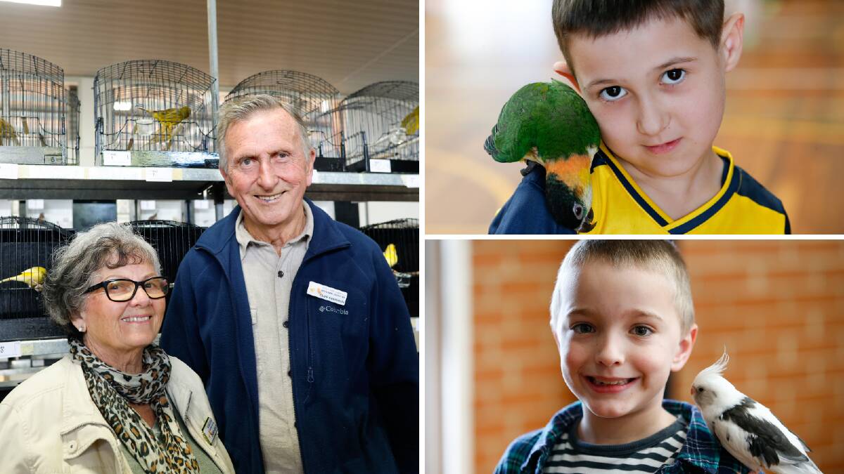 (Clockwise) Susan Gould and Cliff Coughlin, Caiden Ramage and Jaxon Perry at the annual Wollongong and District Avicultural Society Show on Saturday. Pictures by Anna Warr