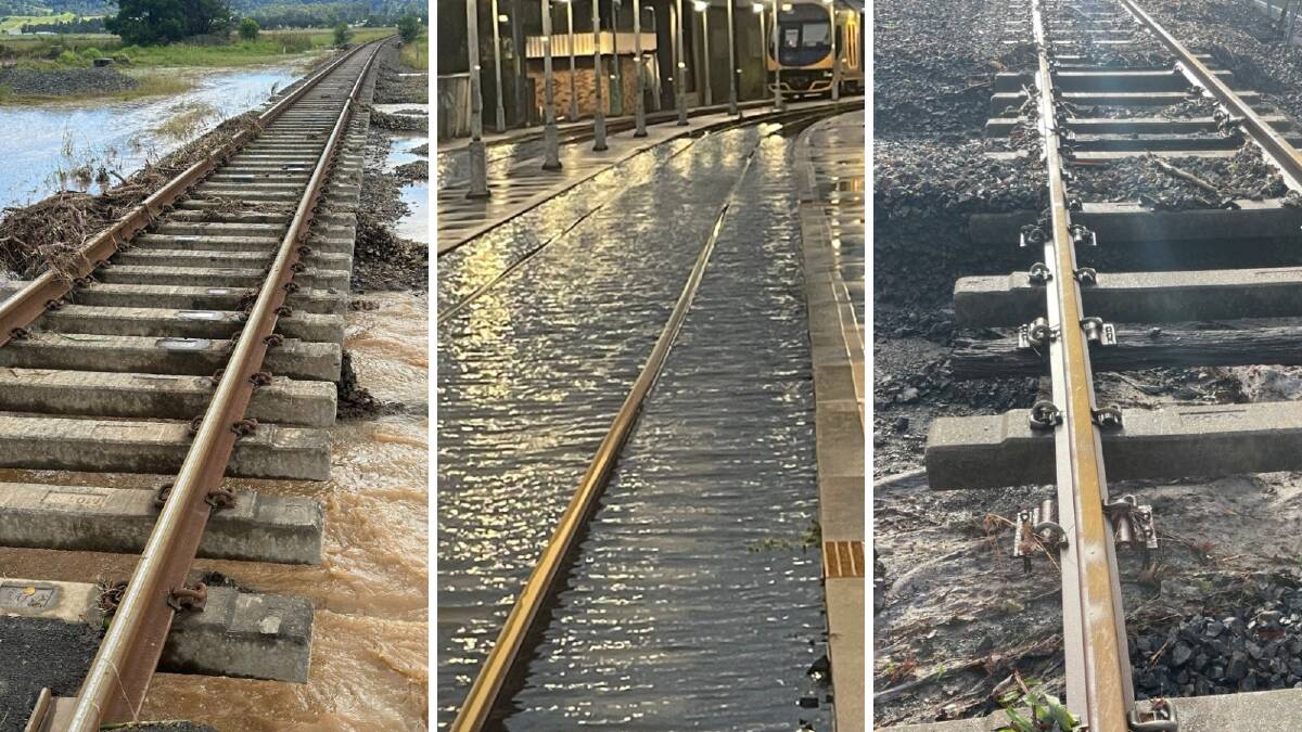 South Coast Line train tracks were damaged by floodwaters during wild weather on Saturday, April 6, 2024. Pictures by Transport for NSW