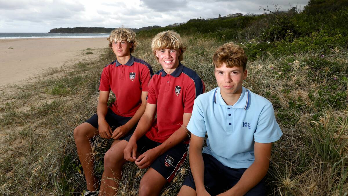 George Kalajzich, Lucas Mak and Dax Cairncross at Jones Beach following their dramatic rescue of two Sydney teens. Picture by Adam McLean