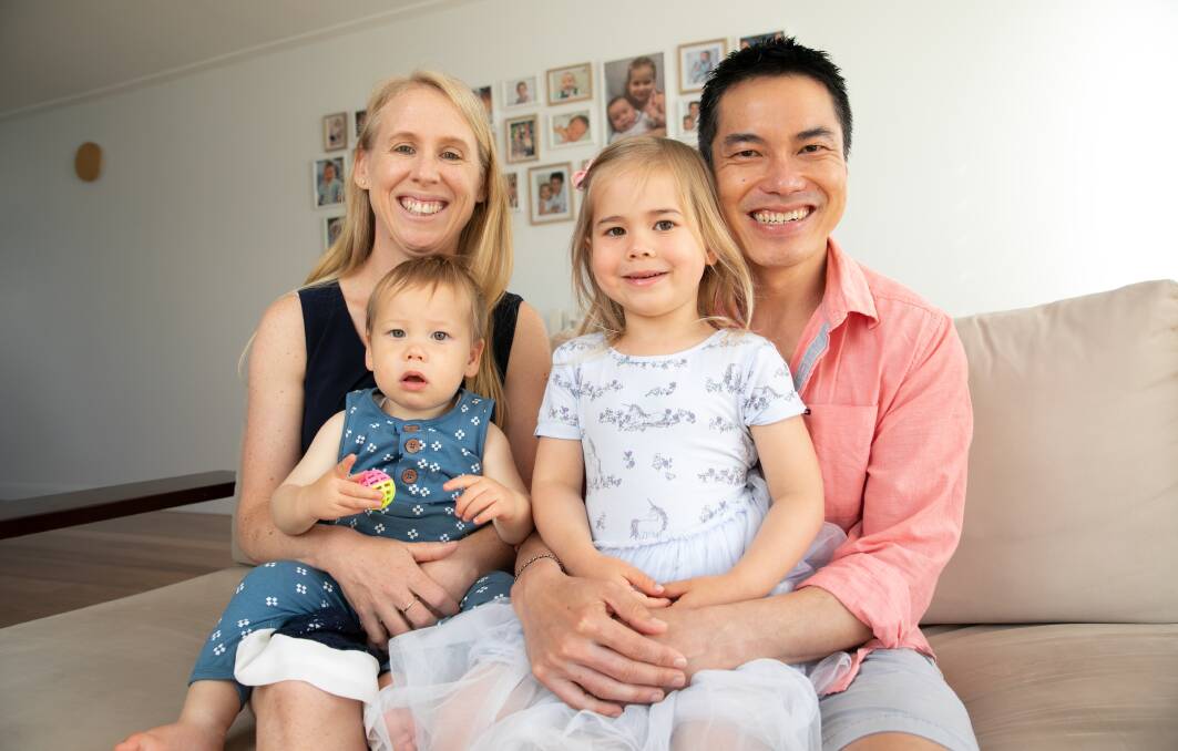 Jessica Stolp and Kim Cheng with their children Jackson, 1, and Caitlin, 4. Picture: Geoff Jones
