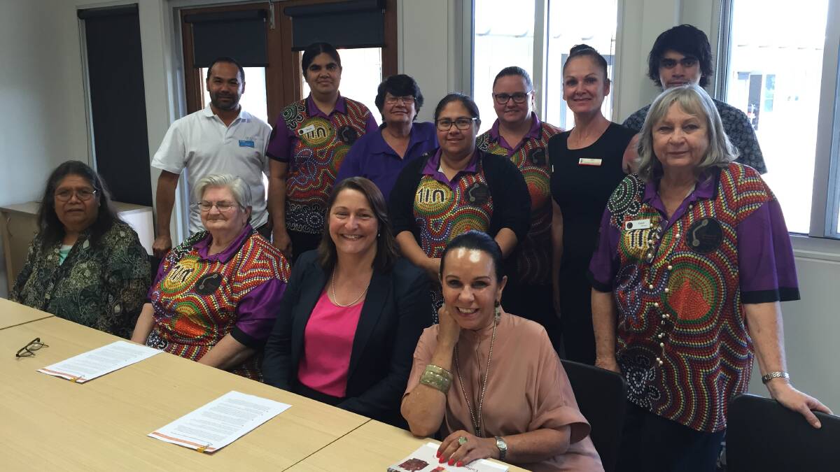 Shadow Minister for Human Services Linda Burney and  Labor candidate for the seat of Gilmore Fiona Phillips with the staff from  the Cullunghutti Aboriginal Child and Family Centre.