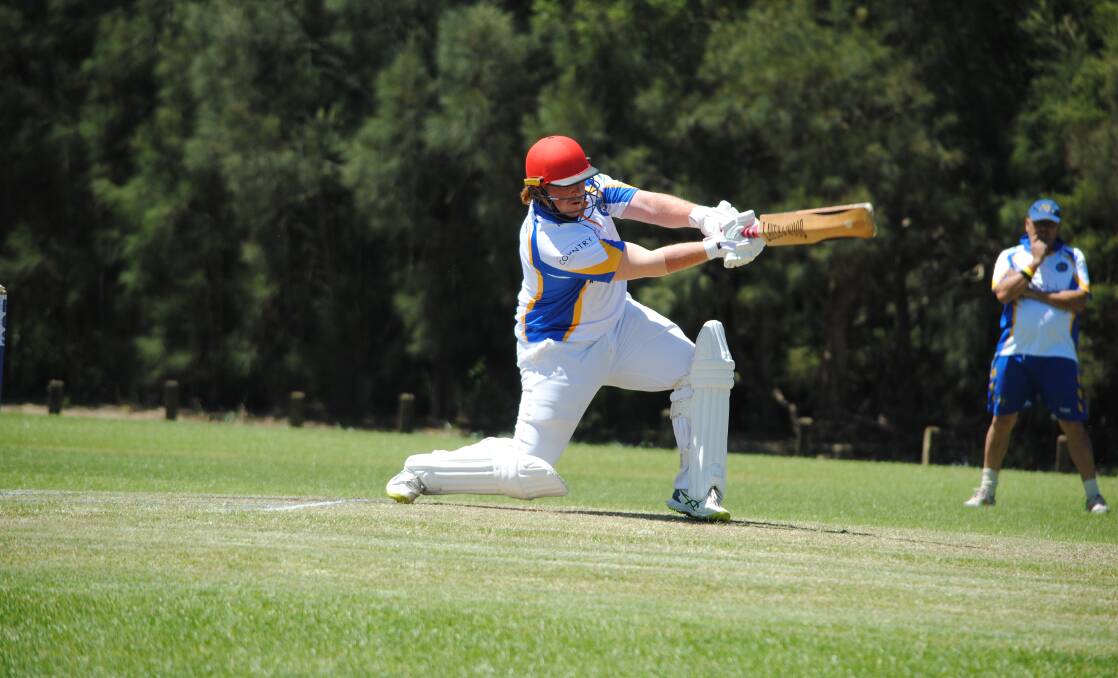 Highly rated Shoalhaven cricketer, Jackson Ingram, strikes the ball strongly while playing a club match for Bomaderry.