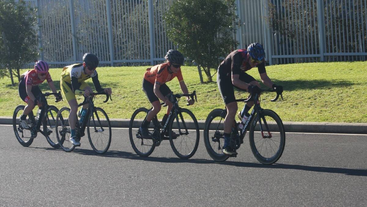 Tight bunch: Levi Johns leading Robert Packer, Aaron Coghlan and Jade Colligan in Division One of Sunday's Nowra Velo Club's criteriums.