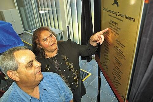UNVEILED: Two of the pioneers of circle sentencing in Nowra, Aboriginal elders Kate Davis and Athol Lester, find their names on a plaque unveiled yesterday.