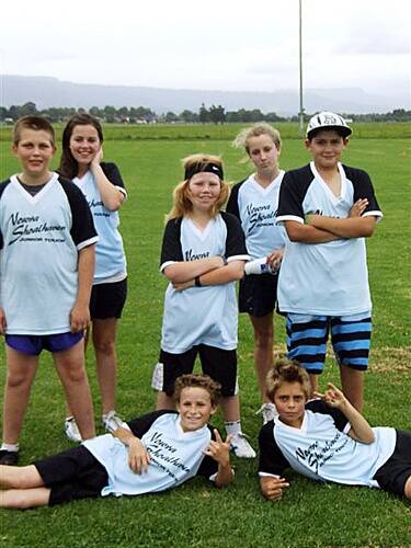 READY TO PLAY: Right - Nowra-Shoalhaven Touch Junior Blue Team (back row from left) Harrison Barker, Briahanna Gorden, Tarro Hewitt, Elyza Bowe, Daniel Bascunan.  Front row: Mitchell Bowe and  Elijah Dunning.