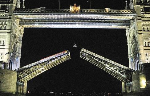 AMAZING: Daredevil Robbie Maddison jumping London’s iconic Tower Bridge Monday morning (UK time).