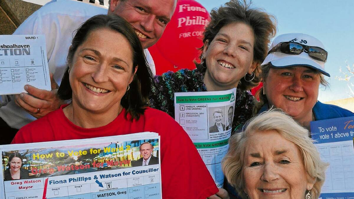 HOW TO VOTE: Ross Thompson, Alex Middleton, Danielle Longworth, Fiona Phillips and Robyn Bramley braved the blustery conditions yesterday at the pre-poll booth in Nowra.