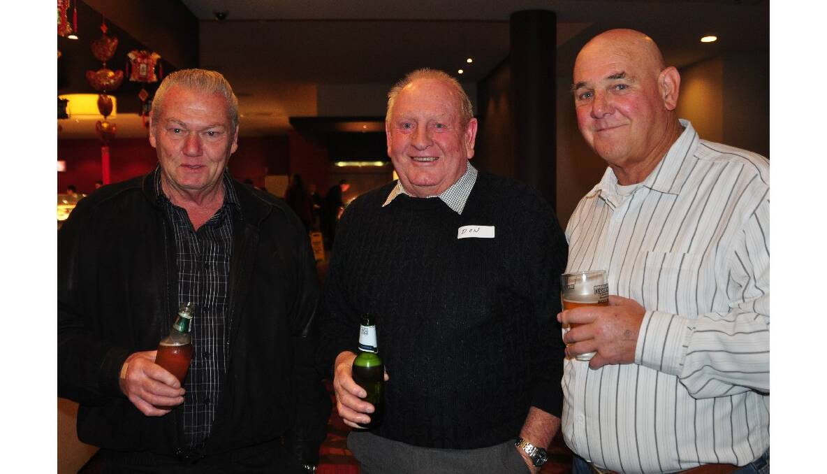 WIVES WORKED THERE: Jim Hitchcock from Bomaderry, Don Abernethy from Nowra and Graham Faull from Culburra Beach enjoy a drink at the Grace Brothers reunion at Buffet Fusion at Shoalhaven Ex-Servicemen’s Club in Nowra on Saturday night.