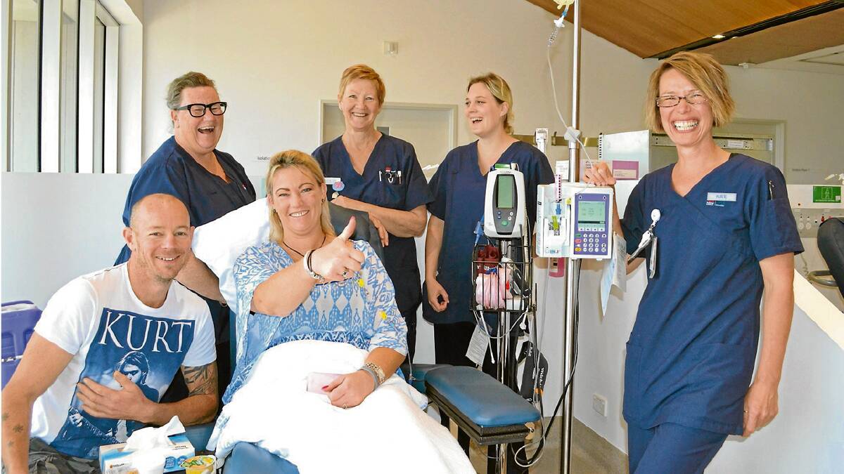 NEW OUTLOOK: Sanctuary Point cancer patient Deb Weeks, the first patient to be treated at the new $35 million Shoalhaven Cancer Care Centre, with her husband, Ray, nurse unit manager Genevieve Waugh, Leonie James, Zahra Wells and Kate Staples.