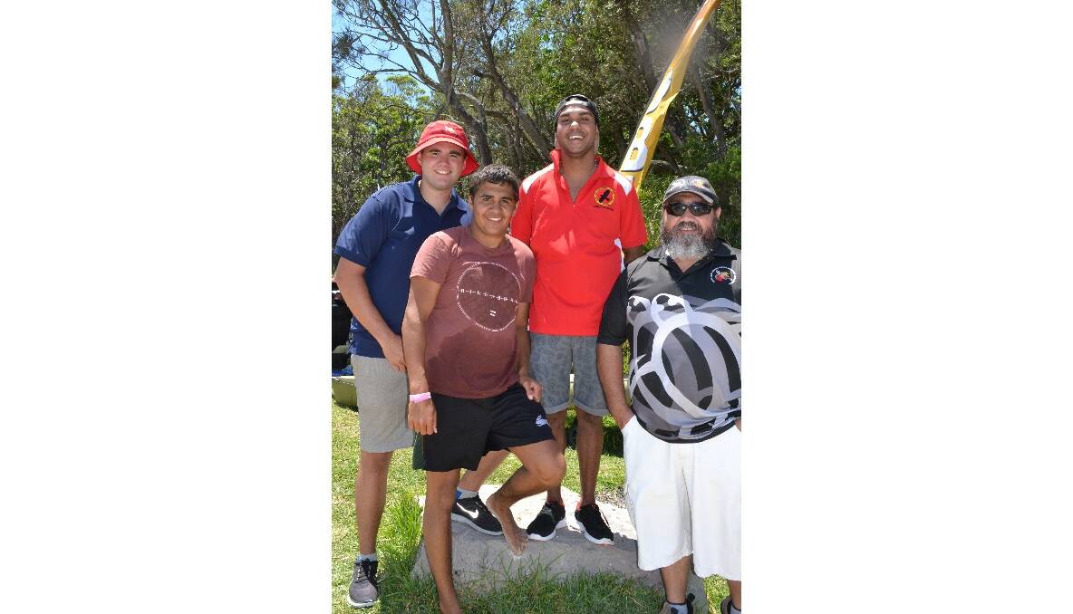 Tom Berry from Nowra, Damien Gray from Nowra, CJ Thomas from South Coast Medical Service Aboriginal Corporation, Damien Gray from Nowra and Jason Sharp from South Coast Medical Service Aboriginal Corporation have a great day at the Australian Federal Police and Wreck Bay indigenous community ‘Off the Hook’ kids’ fishing fun day at Summercloud Bay on Wednesday. 