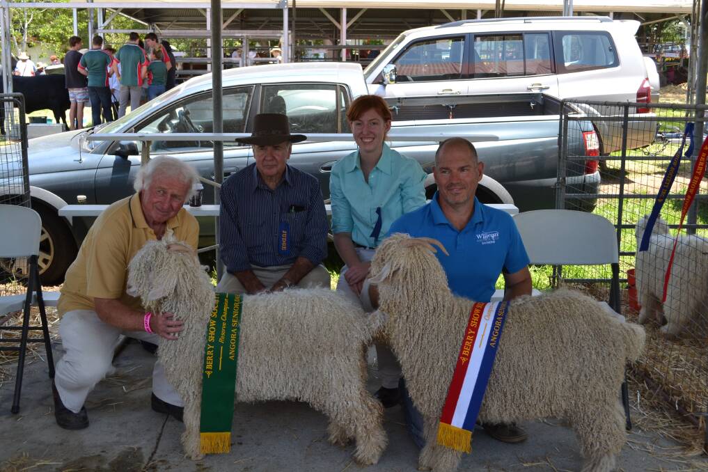 GOATING AROUND: Steve Smith from Meroo Meadow holding Reserve Champion Senior Doe ‘Mundroola Silene’, Judges Norm McCrea and Courtney Nelson and Raymond Scott from Yeoval holding Champion Senior Doe ‘Willean Goldie’ at the Berry Show on Saturday.