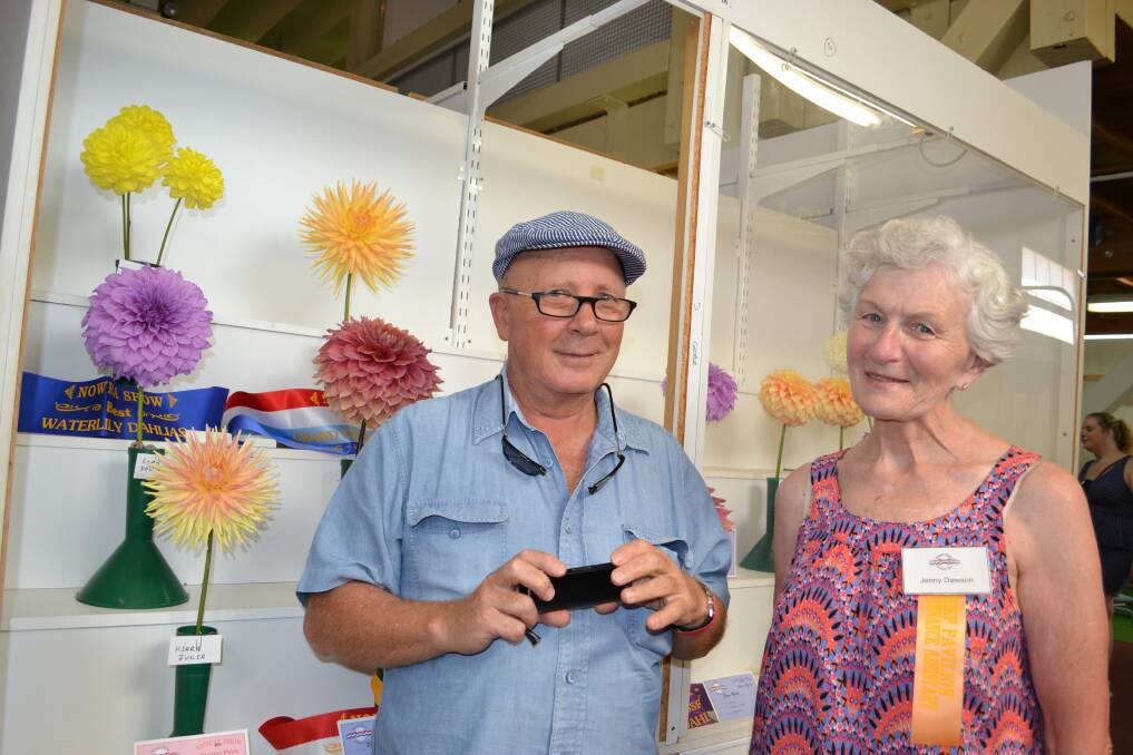 DAHLIAS: Angelo Schepis from Callala Bay and Pavillion Official Jenny Dawson discuss the dahlia display at Nowra show on Saturday