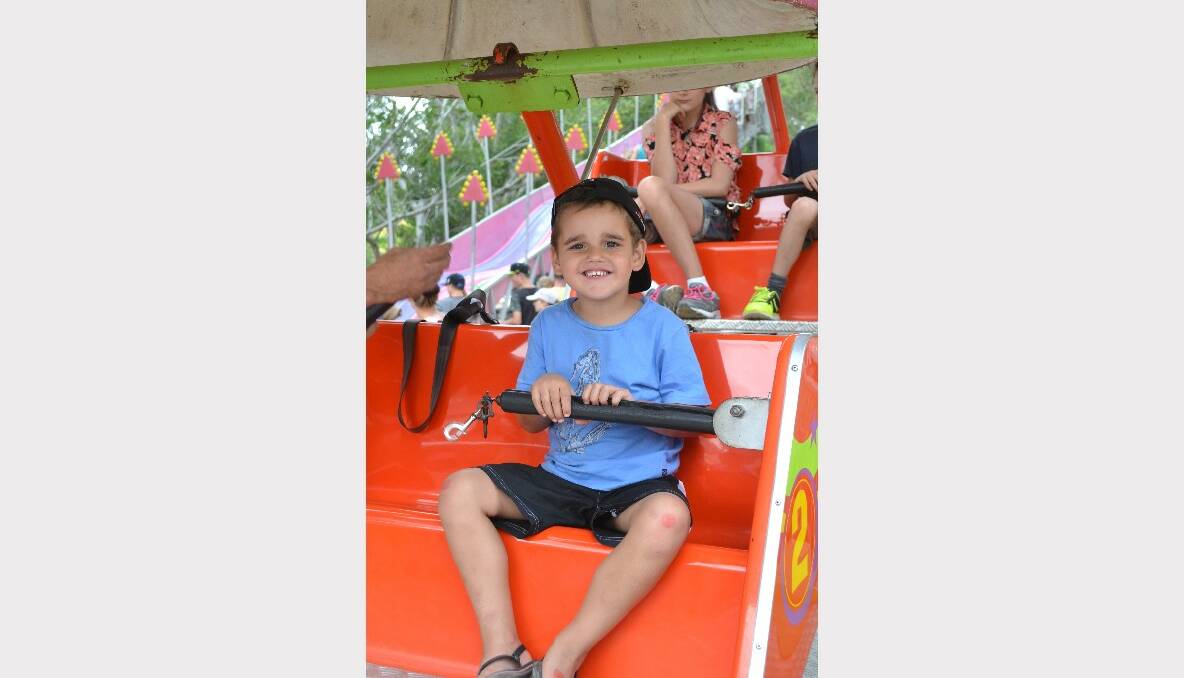 KIDS ACTIVITIES: Reibey Aldridge from Nowra has a great time on one of the kids’ rides at the Nowra Lions Club Kid’s Day Out at the Nowra Showground on Sunday.