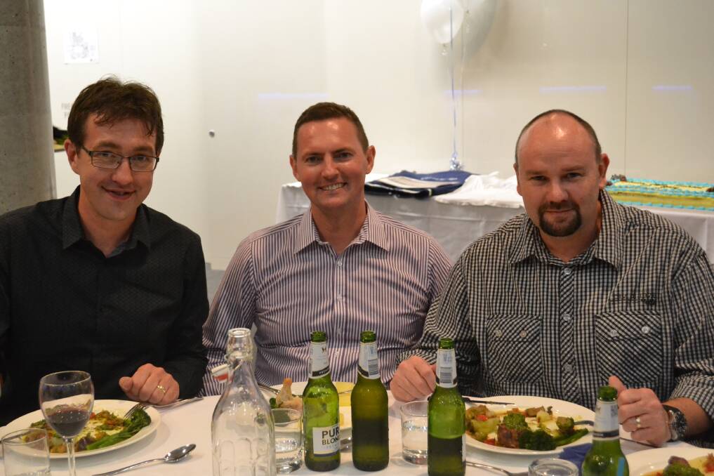 SCHOOL MATES: Guests Andrew Bray from Canberra, Anthony Barham from Pyrmont and Mathew O’Neill from Sydney catch up on lost time at the Nowra High Class of 92 Reunion on Saturday night.   