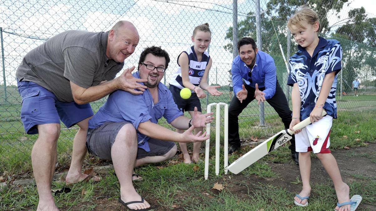 Celebrating after Backyard Ashes is given some screen time in Victoria are (from left) Stephen Holt, Jamie Way, Holly Holt, 11, Adam Drummond and Toby Holt, 8. Daily Advertiser