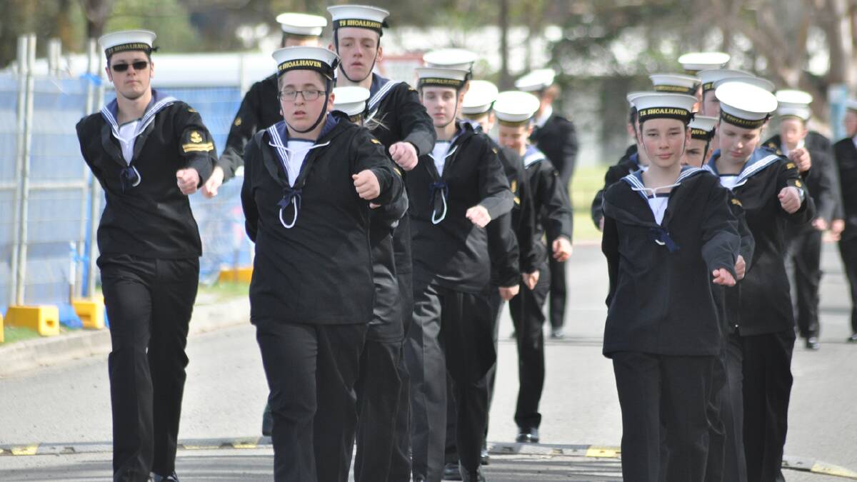 ON THE MARCH: Cadets from TS Shoalhaven on parade in front of the head of Australian Navy Cadets, Captain John Gill, at HMAS Albatross on Saturday. The cadets have a chance of parading in front of the Chief of Navy, Vice Admiral Ray Griggs, next month.