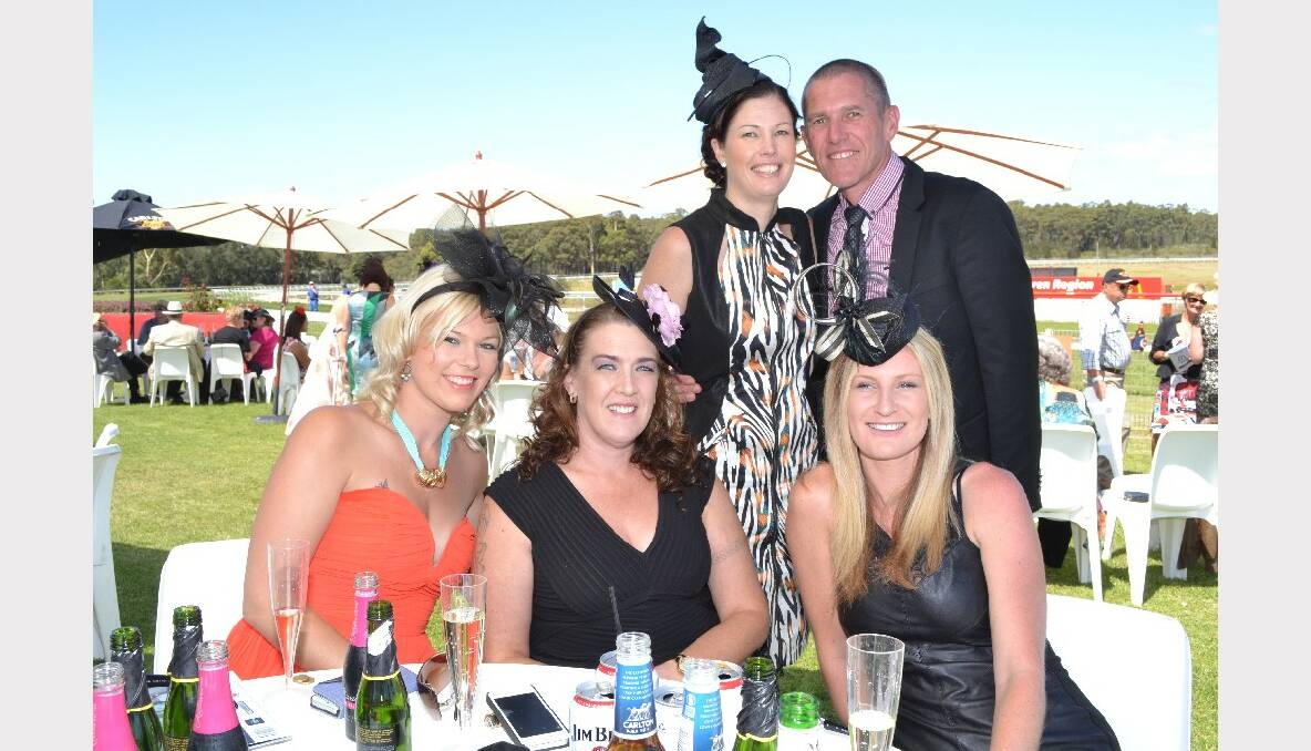 Kirsty and Geoff O’Connell with Nadia Bell, Nicole Williams and Jamie Campbell enjoying lunch in the sunshine on Melbourne Cup Day at Shoalhaven City Turf Club.