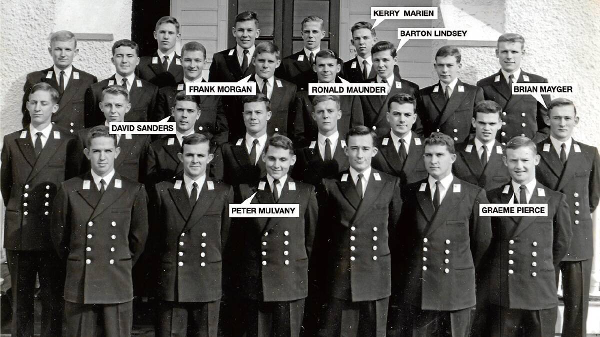 NOT FORGOTTEN: The 1963 Royal Australian Naval College Graduating Class with the names of the eight Midshipmen who lost their lives within a year of graduation annotated. Photo courtesy of KINGSLEY PERRY
