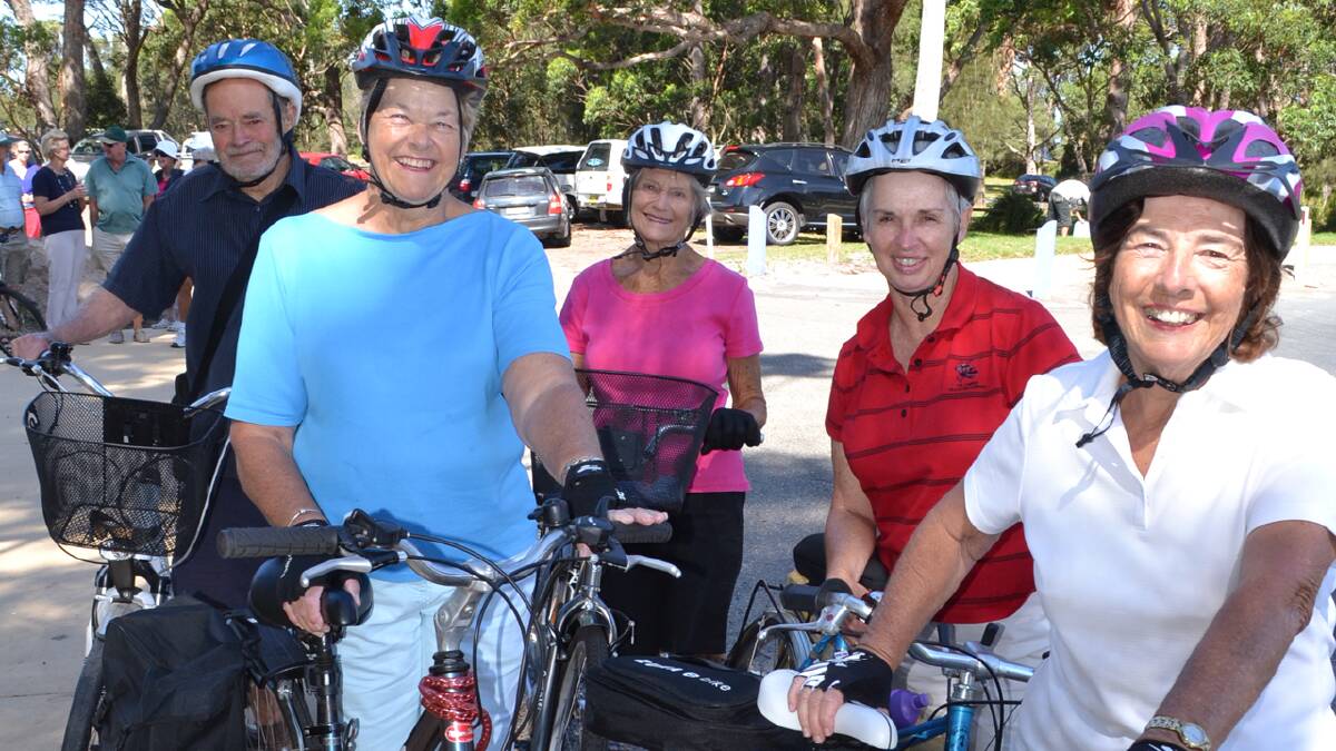 WHEELY APPRECIATED: Using the newly completed Plantation Point Parade shared pathway are Jim Brown-Sarre and Helen McKenzie from Vincentia, Jean Brown from Hyams Beach, Prue Karp from Vincentia and Dianne Smith from Hyams Beach. 